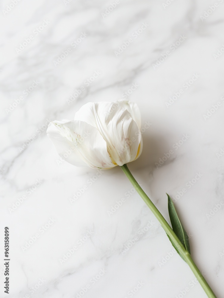 Poster A delicate white tulip rests elegantly on a smooth white marble surface, showcasing simplicity and tranquility in design. Generative AI