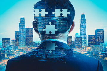 Man in suit with puzzle piece effect and cityscape background, concept of mind and identity.