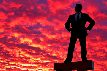 Silhouette of a confident man in a suit standing with hands on hips against a dramatic red sky background.