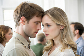 Naklejka premium Serious Couple Standing Close with Foreheads Touching in a Crowd
