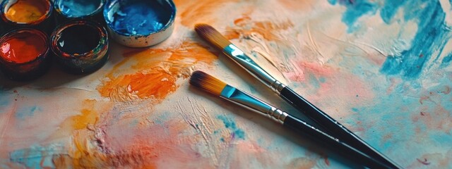 Fototapeta premium Exploring the Colorful World of Painting: Brushes and Palette on Canvas