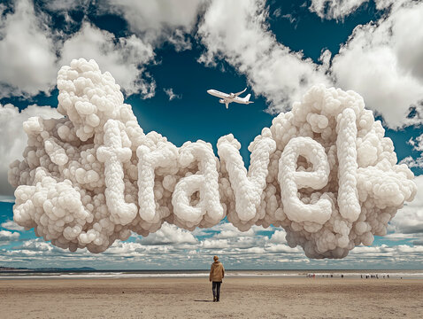 Airplane flying above a beach with large cloud formation spelling travel in the sky. - Powered by Adobe