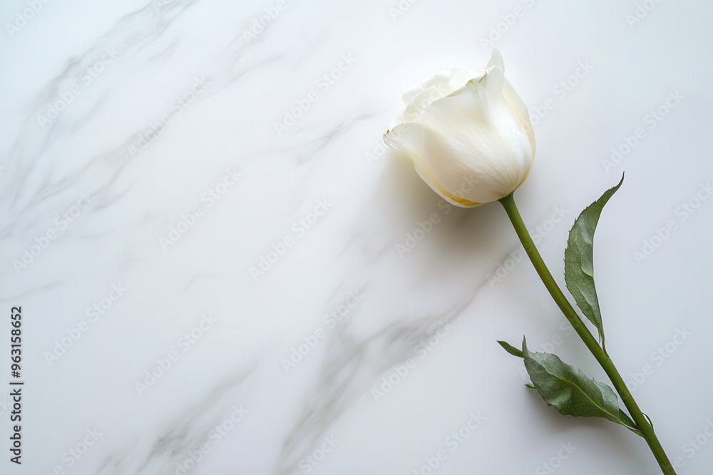 Poster a single stem of a white flower lies gracefully on a white marble surface, highlighting its simplici