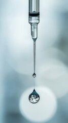 Droplet falling from syringe, close-up view