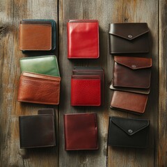 Fototapeta premium Multiple Wallets on Wooden Floor - Flat Lay Editorial Photography