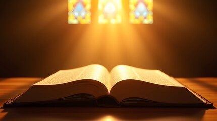  High-resolution photo of an open Bible on a wooden surface with warm, golden light from stained glass 