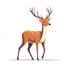 Fototapeta premium Graceful Deer in Flat Design on White Background | Minimalist Illustration of Elegant Antlered Animal Walking Slowly