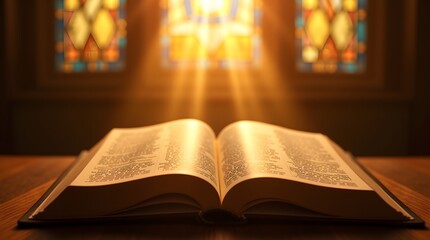  High-resolution photo of an open Bible on a wooden table with dramatic light from stained glass 