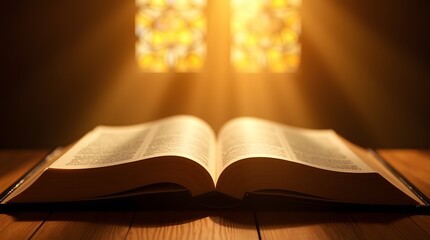  Majestic photo of an open Bible on a wooden surface with warm, golden light streaming in 