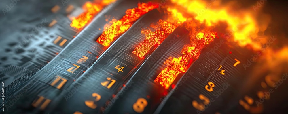 Poster a striking close-up of glowing numbers and fiery textures, showcasing the fusion of technology and h