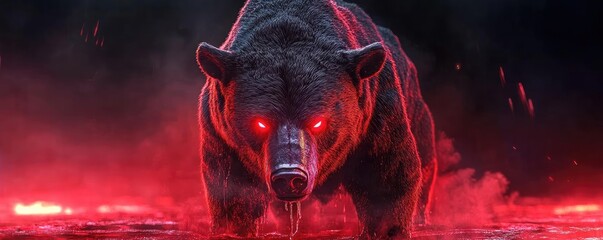 A fierce bear with glowing red eyes, standing in a captivating landscape of dark smoke and vibrant red light.