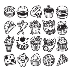 set of cakes and food isolated vector illustration