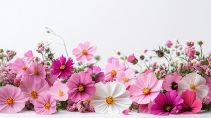 Fototapeta premium Beautiful pink cosmos flowers arranged in a bottom border on a white background. Bright and delicate floral composition ideal for greeting cards, banners, or seasonal templates with copy space.