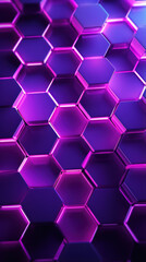 Purple hexagon background. Close-up a surface made up of hexagonal shapes, honeycomb pattern. Depth and three-dimensional. Geometric, modern, technological, structured and futuristic design.