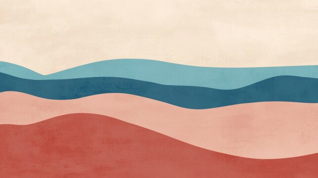 Capturing essence of rolling hills or ocean waves, this minimalist abstract painting in terracotta, blue, and beige exudes tranquility and harmony, perfect for modern spaces
