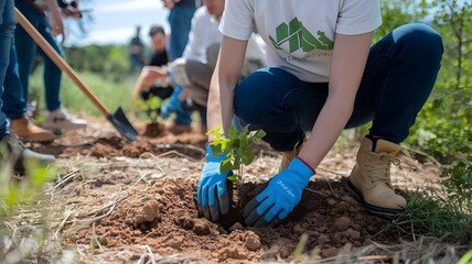 Naklejka premium Candid shot of a tree-planting event with focus on a person kneeling to plant a sapling 