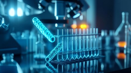 Glowing synthetic bacteria in a dark lab environment, genetic engineering