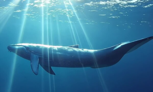 Serene blue whale swimming in the open ocean, Video