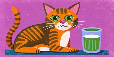 Adorable cartoon tabby cat gazing at a glass of delicious milk