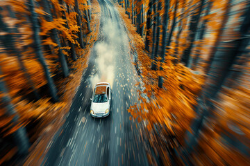 A car is driving down a road with leaves on the ground,