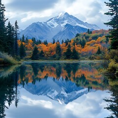 A perfect reflection of a snow-capped mountain in a calm lake, surrounded by vibrant fall foliage.