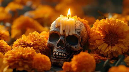 Skull with Candle and Flowers
A cute skull with a lit candle on its head, surrounded by traditional marigold flowers and glowing soft light, creating a warm and peaceful feel.