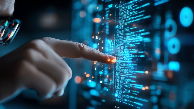 Close-up of a hand interacting with a digital interface displaying complex programming code, representing technology and innovation.