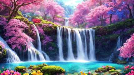 A beautiful paradise land full of flowers,  sakura trees, rivers and waterfalls, a blooming and magical idyllic Eden garden