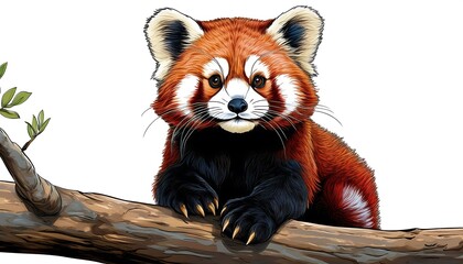 Outline a clipping path for a cute red panda perched on a tree branch. The path should inclu