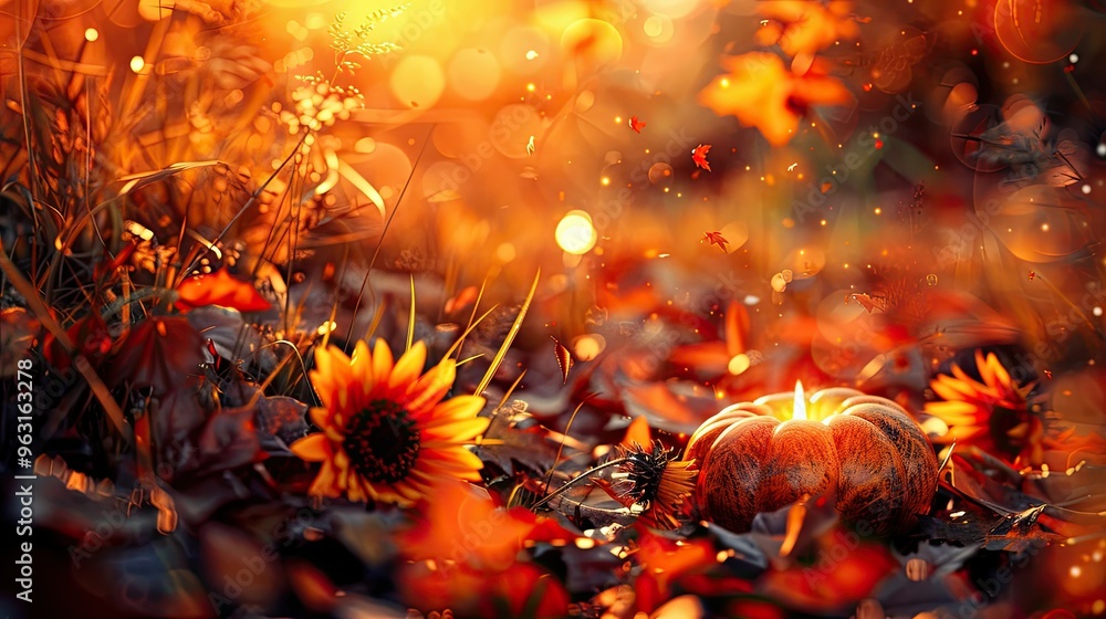 Poster A pumpkin surrounded by autumn elements like leaves, sunflowers