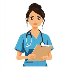 Modern Flat Design of Nurse in Blue Scrubs with Medical Clipboard on White Background - Minimalist Healthcare Concept