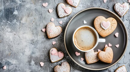 an aerial view of coffee and heart-shaped cookies on top