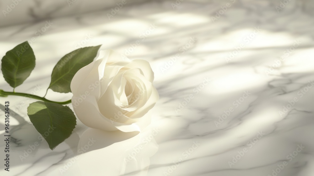 Poster a single white rose rests gently on a flawless white marble surface, illuminated by gentle sunlight 