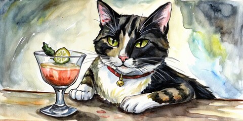 Cat is sitting at the bar with a cocktail in a watercolor painting style