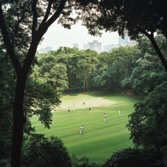 Obraz premium Serene Cricket Field: Lush Green Pitch Amidst Tranquil Trees