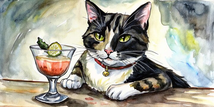 Cat is sitting at the bar with a cocktail in a watercolor painting style