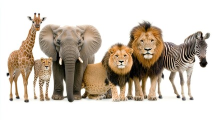 Various majestic African animals stand proudly against a white background, showcasing the lion, elephant, giraffe, zebra, and more in high detail and resolution