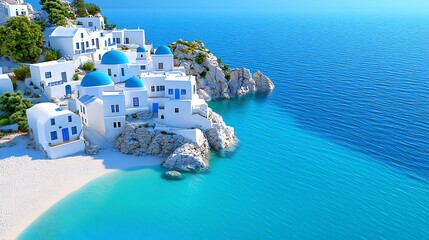 Naklejka premium Blue-domed white houses perch on a Greek island's shore, kissed by the sea.