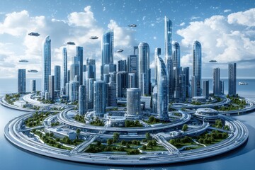 Futuristic city skyline with modern skyscrapers and futuristic transportation