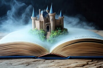 Whimsical illustration of a fairy tale castle rising from the pages of an open book, surrounded by mist, symbolizing magic and storytelling.  © Aurora
