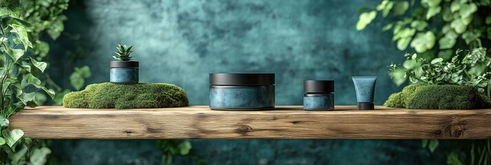 Obraz premium Natural Beauty Products Displayed on Wooden Shelf with Greenery