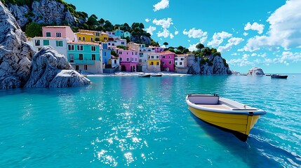 Fototapeta premium A yellow boat rests in turquoise waters, framed by vivid houses on a rocky shore.