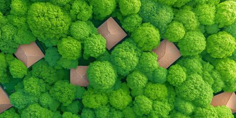 Aerial view of homes nestled among vibrant green trees