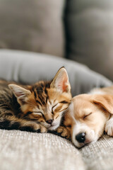 Fototapeta na wymiar A cat and a dog are sleeping together on a couch