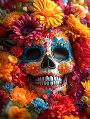 Skull with Festive Face Paint
A cute skull with playful face paint in bright reds, yellows, and blues, smiling among vibrant flowers and symbols of celebration.