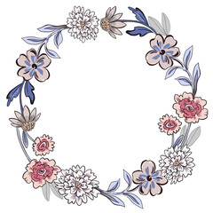 Wreaths, floral frames, drawing petal bud wild flowers, Illustration hand painted. Isolated on white background.