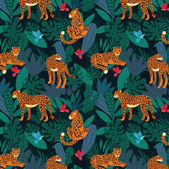 Floral jungle leopard pattern. Animal print pattern with tropical leaves and flowers in deep blue background