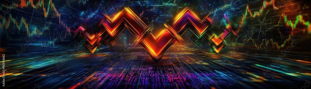Poster dynamic neon graph illustrating market trends with vibrant colors and bold patterns, perfect for fin