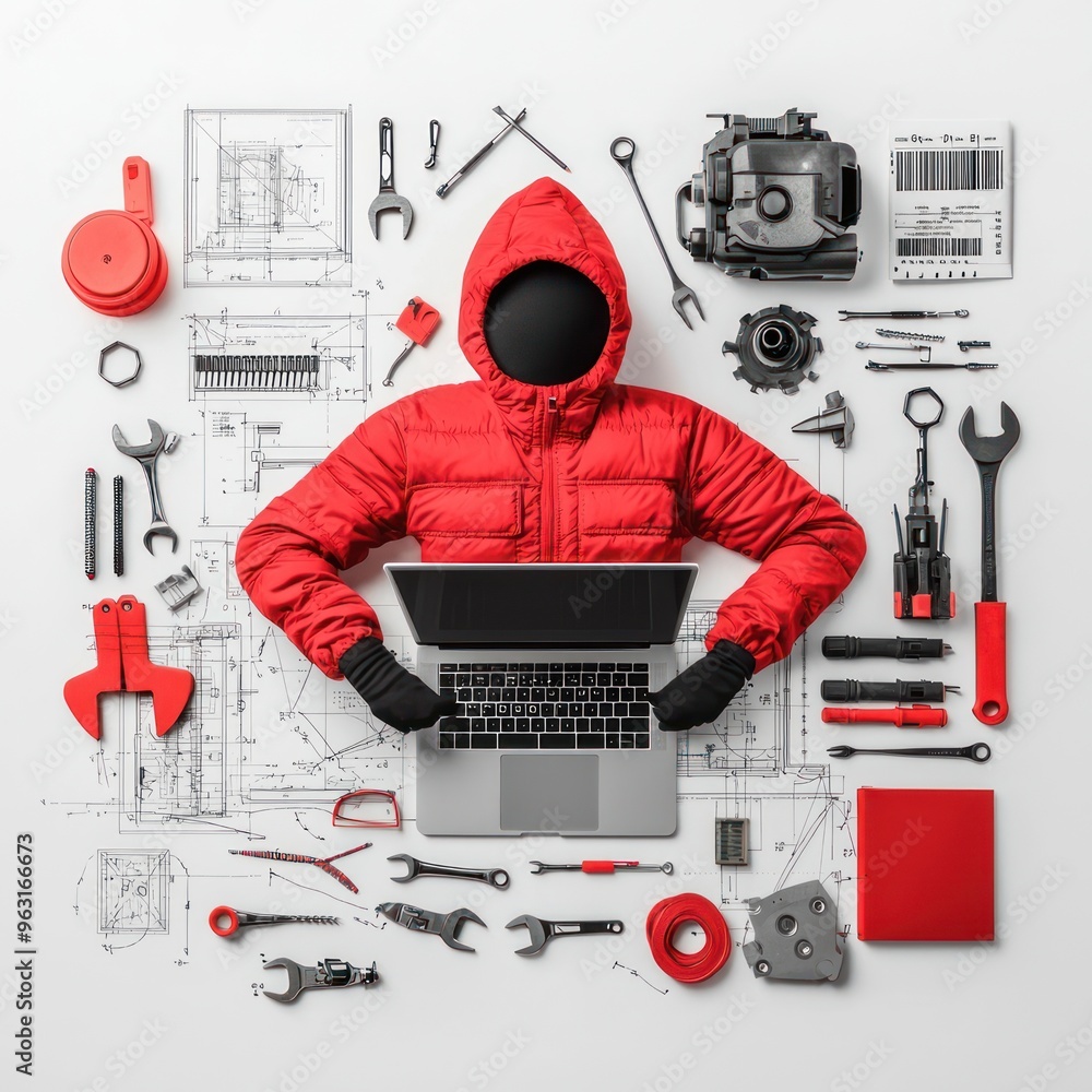 Aufkleber cybersecurity expert crafting marketing strategies - hacker with laptop and blueprints surrounded by