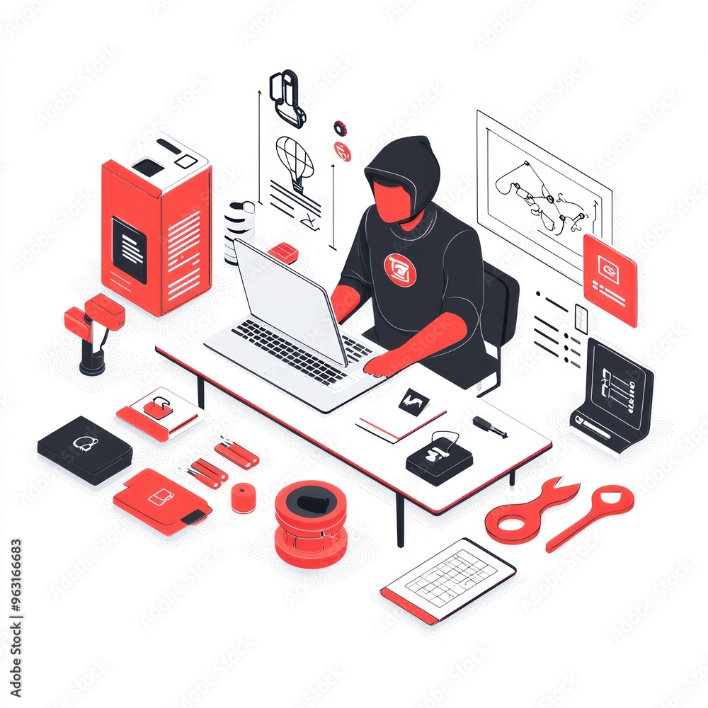 Aufkleber cybersecurity expert analyzing marketing strategy with workshop tools in high-tech environment